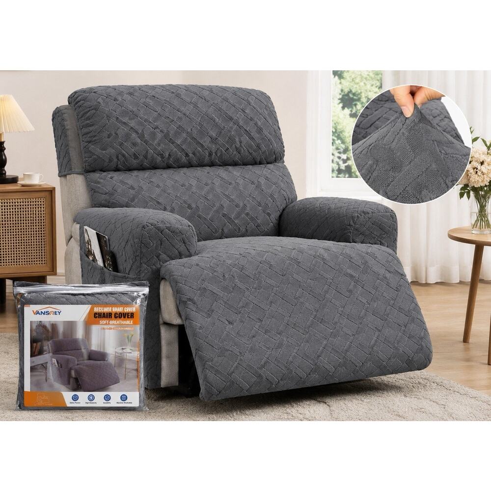 Vansky Oversized Recliner Chair Cover Gray Soft Stretch 4-Piece Set New